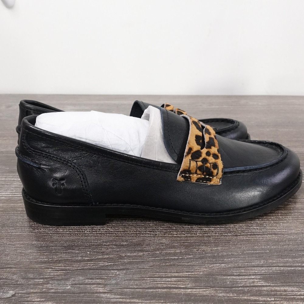 New! Frye Shoes‎ Womens Size 6 Black Frances Loafer Leopard Haircalf Flats - Picture 2 of 9